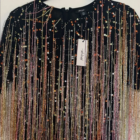 Nasty Gal Black Mini Dress with Gold & Pink Sequin Fringe - Picture 3 of 7